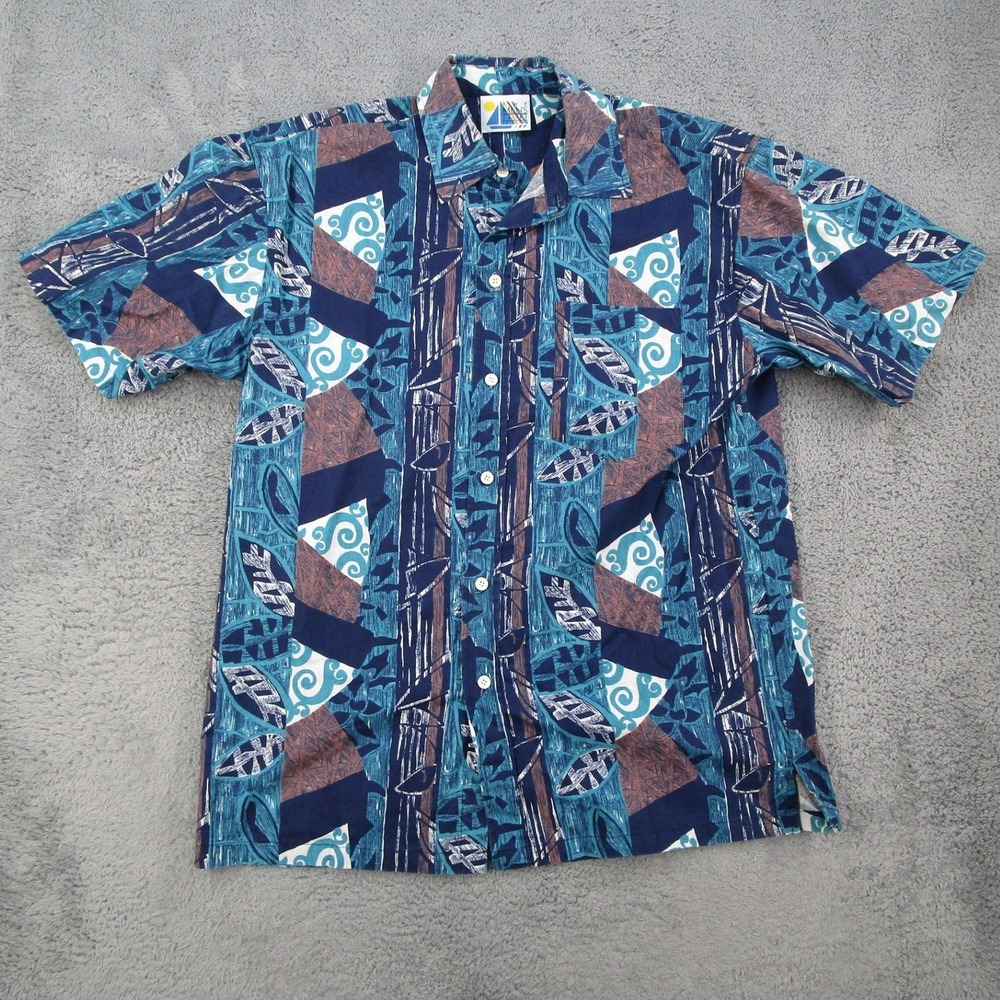Vintage Sears Mens Store Abstract Geometric Short Sleeve Button Up Shirt Blue L